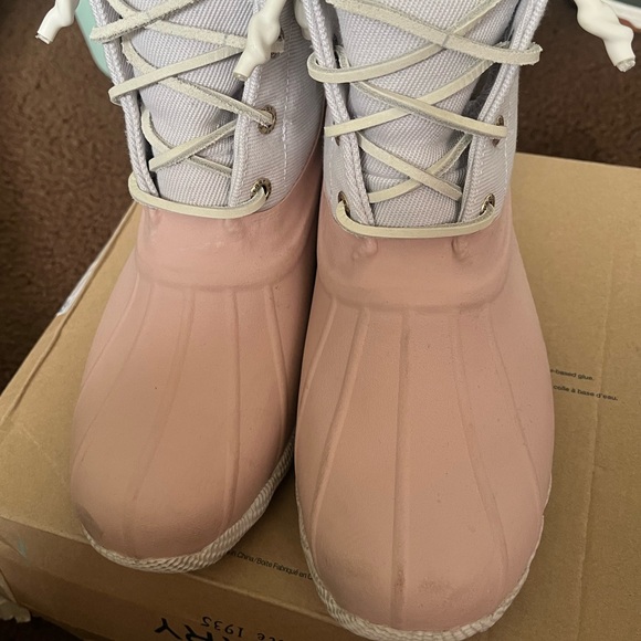 Sperry Top Sider Waterproof Duck Boots Pink Ivory Gold Zip Women 7, WORN - Picture 8 of 9